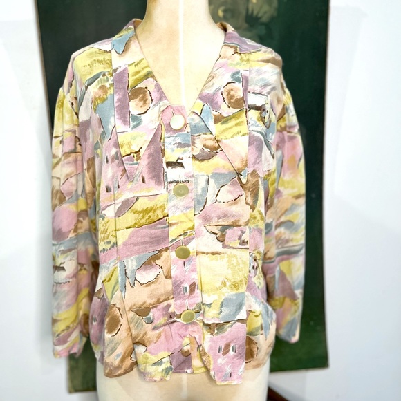 Watercolor Edwardian pink blue 80s  large collar button long sleeve blouse - Picture 7 of 12